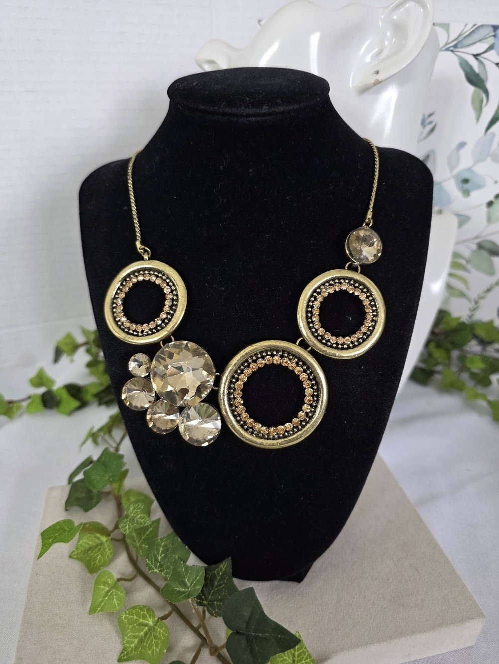 Bold Ornate Gold Tone Geometric Crystal Statement Necklace